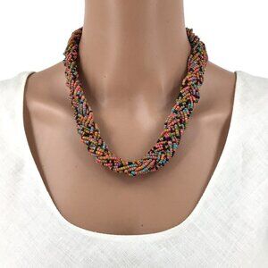 Braided Seed Beach Necklace Multi Color Pink Brown Blue Adjustable Length